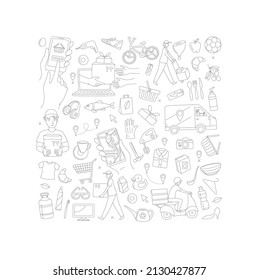Aplicación móvil con un navegador para rastrear el envío del correo desde la tienda en línea. Fondo del patrón. Dibujos de ilustraciones vectoriales, concepto de dibujo de líneas delgadas.