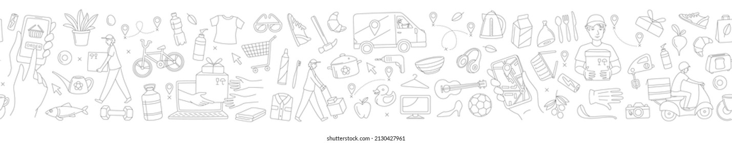 Mobile app with a navigator to track the courier delivering order from the online shop. Seamless pattern frame border background. Vector illustration doodles, thin line art sketch style concept.