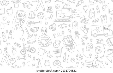 Mobile app with a navigator to track the courier delivering order from the online shop. Seamless pattern background. Vector illustration doodles, thin line art sketch style concept.