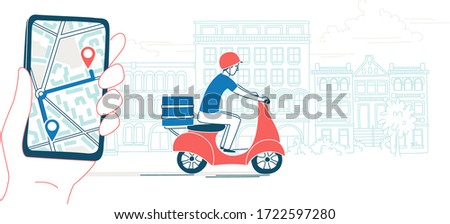 Mobile app with a navigator to track the courier delivering food from the restaurant by scooter. The background of the urban landscape. Vector illustration doodles, thin line art sketch style concept