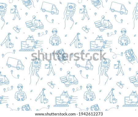 Mobile app with a navigator to track the courier delivering order from the online shop. Seamless pattern background. Vector illustration doodles, thin line art sketch style concept. Blue and white
