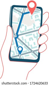 Mobile app with a navigator to track the route. Hand holding gps device. Vector illustration doodles, thin line art sketch style concept