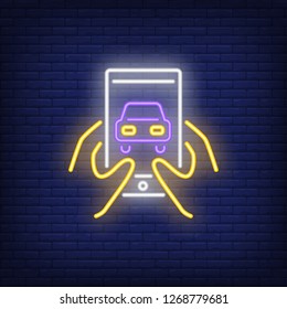Mobile app neon sign. Hands holding mobile screen with car on brick wall background. Vector illustration can be used for topics like car, auto, machine, car service, internet, web, apps
