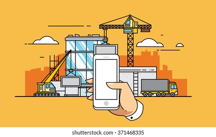 Mobile app on the background of a city under construction