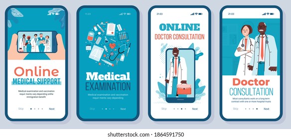 Aplicación móvil en pantalla telefónica para medicina en línea, apoyo médico a distancia, ayuda y examen, consulta médica remota para personas enfermas. Conjunto de ilustraciones vectoriales.