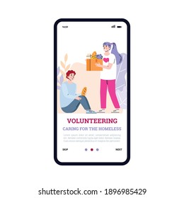 Mobile app on phone screen for volunteering, charity and care for homeless. Female volunteer with cardboard box full of products donate food to poor hungry man. Vector illustration