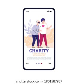 Mobile app on phone screen for care and charity for old people with disabilities. Young man volunteer or social worker helps elderly man with cane. Assistance and support senior.