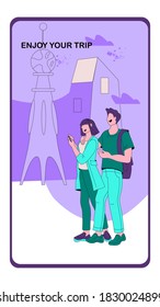 Mobile app  onboard screen for Travel Agency with people traveling abroad. Tourists and travelers online service application interface design, flat cartoon vector illustration.