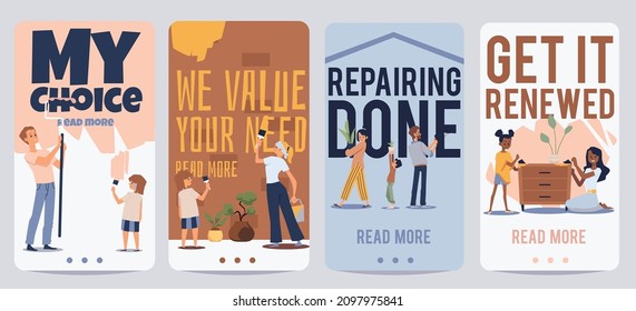 Mobile app onboarding kit with people repairing house on their own, flat cartoon vector illustration. Family home renovation equipment and materials shop mobile pages.