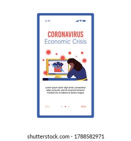 Mobile app onboarding page design for illustration of the Coronavirus economic crisis, cartoon vector on a white background. Unhappy business woman at the computer.