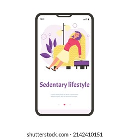 Mobile app onboarding page on topic of sedentary unhealthy lifestyle with woman napping in chair, flat vector illustration. Maintaining inactive sedentary lifestyle.