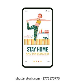 Mobile app onboarding page template for home sport activity and indoors workout, vector illustration isolated on white background. Stay home and be healthy concept.