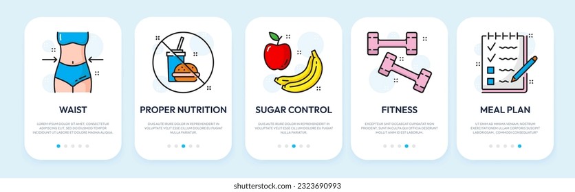 Aplicaciones móviles incorporando iconos de línea de pantalla de nutrición, comida saludable, fitness y entrenamiento, plantillas de páginas vectoriales. Aplicación móvil iconos de pantalla de embarque para la dieta y plan de alimentación saludable para la mujer