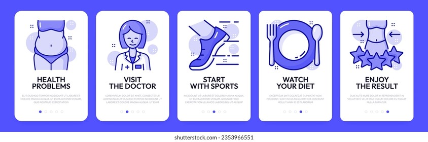 Mobile app onboarding screen, nutrition and healthy food, fitness, workout and diet, vector application templates. Weight control and healthy eating plan in onboarding screen for mobile app user UI