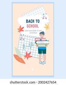Mobile App-Onboarding-Seite für Bildung und Schulanwendungen. Zurück zur Schulbenutzeroberfläche mit dem Kinderbücherbestand, flacher Cartoon-Vektorgrafik.