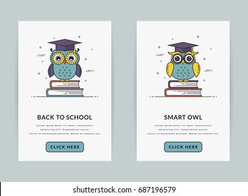 Mobile app onboarding screen templates for education and school application. Modern user interface in line style. UI concept with owls sitting on books. GUI design for smartphone or web site banners.