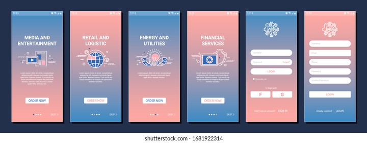 Mobile app onboarding screen or web site vector template with media and entertainment, retail and logistic, energy and utilites and financial services icons. Registration page for software