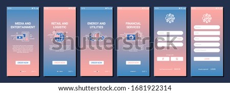 Mobile app onboarding screen or web site vector template with media and entertainment, retail and logistic, energy and utilites and financial services icons. Registration page for software Foto d'archivio © 