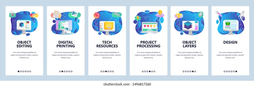Mobile app onboarding screens. 3D model development, image editor, digital printing, layers. Menu vector banner template for website and mobile development. Web site design flat illustration.