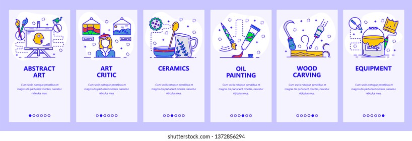 Mobile app onboarding screens. Abstract art, culture critic, oil painting. Menu vector banner template for website and mobile development. Web site design flat illustration.