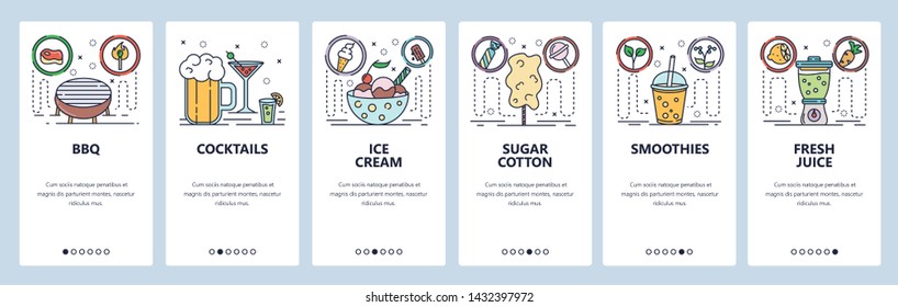 Mobile app onboarding screens. Alcohol drinks, cocktails, ice cream, juice and smoothies. Menu vector banner template for website and mobile development. Web site design flat illustration.