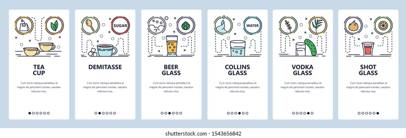 Mobile app onboarding screens. Alcohol glasses and cups. Menu vector banner template for website and mobile development. Web site design flat illustration.