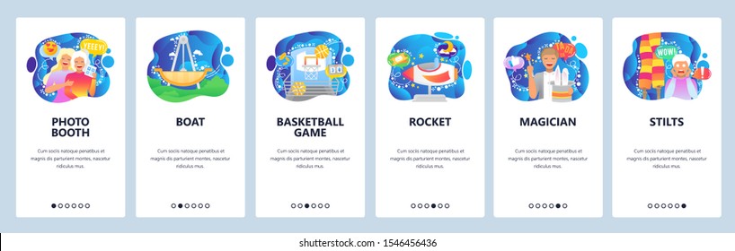Mobile app onboarding screens. Amusement park attractios, photo booth, magician artist, game. Menu vector banner template for website and mobile development. Web site design flat illustration.