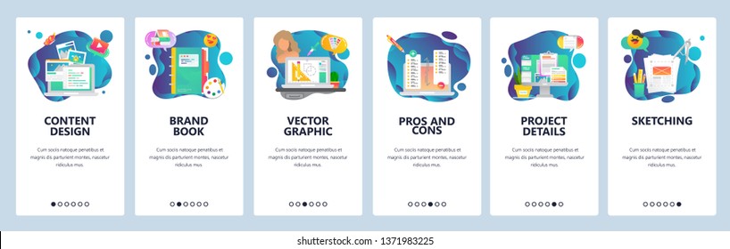 Mobile app onboarding screens. Art, design and digital illustration. Content, blog, sketching, drawing. Menu vector banner template for website and mobile development. Web site design illustration