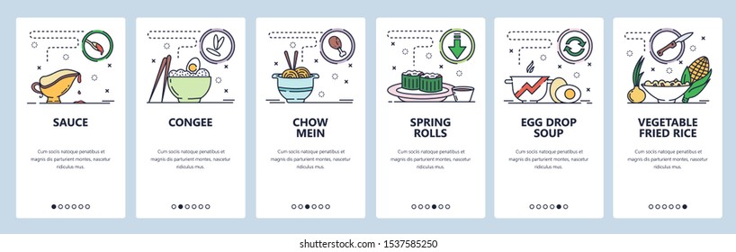 Mobile app onboarding screens. Asian and thai cuisine, cognee, spring rolls, fried rice. Menu vector banner template for website and mobile development. Web site design flat illustration.