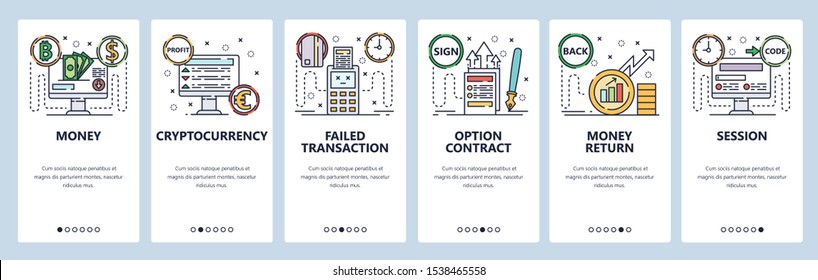 Mobile app onboarding screens. Bank transaction, digital money, online banking, crypto currency, profit. Menu vector banner template for website and mobile development. Web site design flat