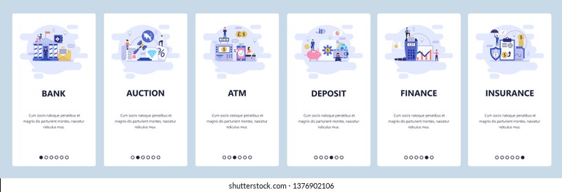 Mobile app onboarding screens. Banking and financial services, auction, atm, deposit saving account, insurance. Menu vector banner template for website and mobile development. Web site illustration