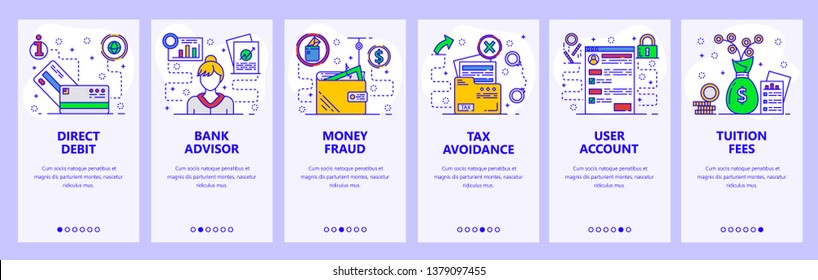 Mobile App Onboarding Screens. Banking, Money Fraud, Bank Advisor And Tax Avoidance. Menu Vector Banner Template For Website And Mobile Development. Web Site Design Flat Illustration.