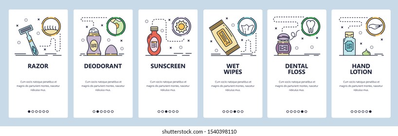 Mobile app onboarding screens. Bathroom accessories, razor, dental floss, hand lotion. Menu vector banner template for website and mobile development. Web site design flat illustration.