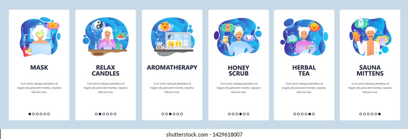 Mobile App Onboarding Screens. Beauty Salon And SPA Clinic, Face Mask, Honey Scrub, Sauna. Menu Vector Banner Template For Website And Mobile Development. Web Site Design Flat Illustration.