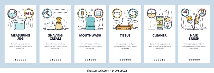 Mobile app onboarding screens. Beauty salon accessories, shaving cream, cleaner, hair brush. Menu vector banner template for website and mobile development. Web site design flat illustration.