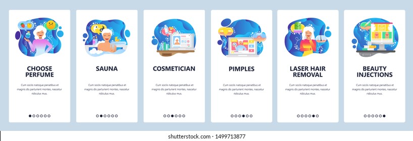 Mobile app onboarding screens. Beauty salon, spa, beauty clinic, injections, cosmetics and perfume. Vector banner template for website and mobile development. Web site design flat illustration.