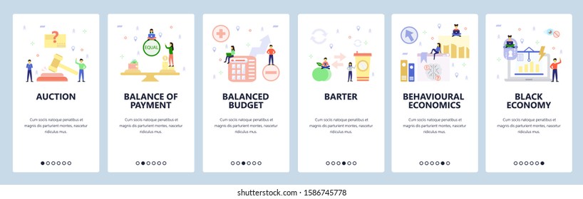 Mobile app onboarding screens. Behavioural economy, black market, financial chart, business auction. Menu vector banner template for website and mobile development. Web site design flat illustration.