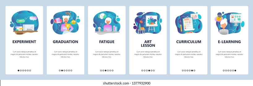 Mobile app onboarding screens. Biology experiment, graduation, art lesson, e-learning and education. Menu vector banner template for website and mobile development. Web site design flat illustration.