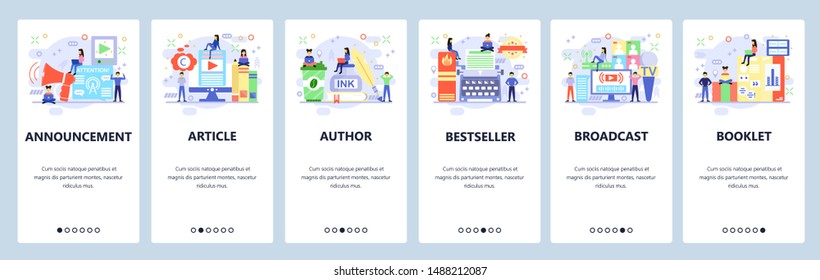 Mobile app onboarding screens. Book writer, announcement, broadcast and live video streaming. Menu vector banner template for website and mobile development. Web site design flat illustration.