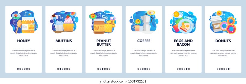 Mobile app onboarding screens. Breakfast meal, coffee, honey, toast, muffins, eggs with bacon. Menu vector banner template for website and mobile development. Web site design flat illustration.