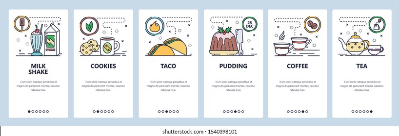 Mobile app onboarding screens. Breakfast meal, milk shake, pudding, coffee and hot tea pot. Menu vector banner template for website and mobile development. Web site design flat illustration.