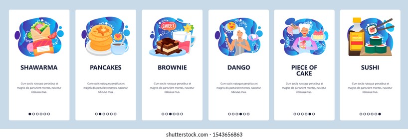 Mobile app onboarding screens. Breakfast food, doner, pancakes, brownie cake, sushi. Menu vector banner template for website and mobile development. Web site design flat illustration.