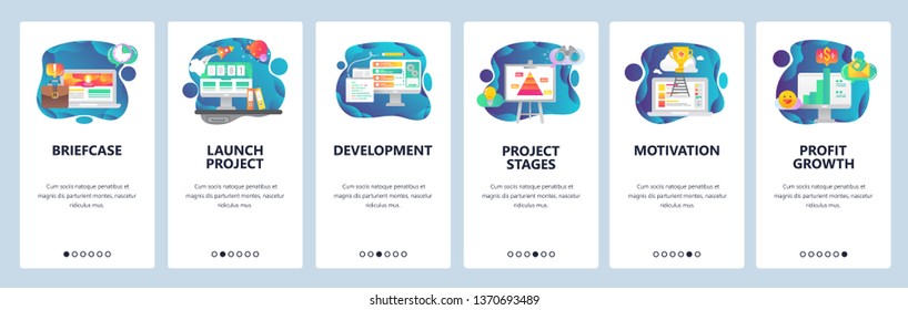 Mobile app onboarding screens. Business project launch, development and deadline. Financial growth and success. Menu vector banner template for website and mobile development. Web site illustration