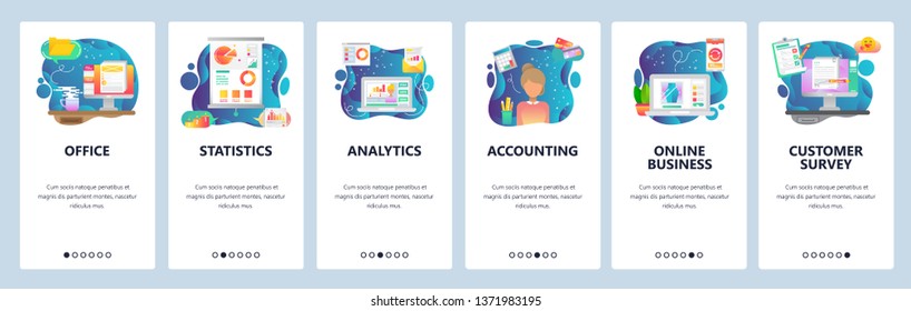 Mobile app onboarding screens. Business financial analytics, office desk, accounting and online business. Menu vector banner template for website and mobile development. Web site design illustration.