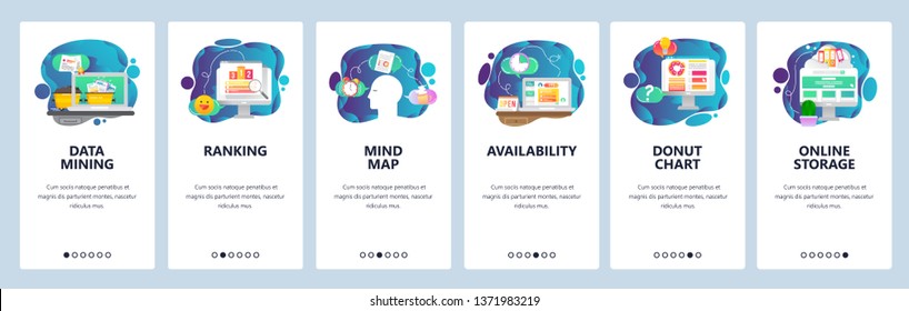 Mobile app onboarding screens. Business, data mining, mind map and ranking. Menu vector banner template for website and mobile development. Web site design flat illustration