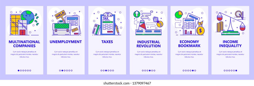 Mobile app onboarding screens. Business, industry and economy. Unemployment rate, taxes, income. Menu vector banner template for website and mobile development. Web site design flat illustration.