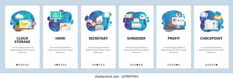 Mobile app onboarding screens. Business and finance management, cloud storage, personal assistant, shredder. Menu vector banner template for website and mobile development. Web site flat illustration