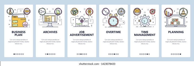 Mobile app onboarding screens. Business plan, job application and offer, time management. Menu vector banner template for website and mobile development. Web site design flat illustration.
