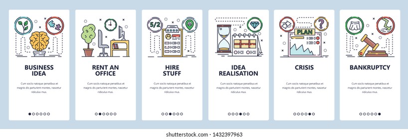 Mobile app onboarding screens. Business idea and plan, crisis and bankruptcy, rent an office. Menu vector banner template for website and mobile development. Web site design flat illustration.