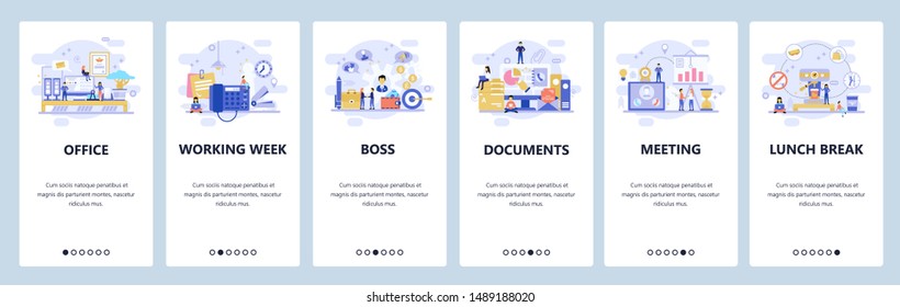 Mobile app onboarding screens. Business and office interior, meeting and coffee break, financial documents. Menu vector banner template for website and mobile development. Web site design flat